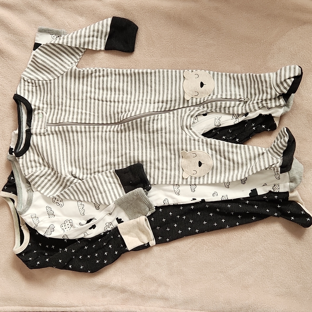 3 pack Cloud Island, Cotton, zip-up sleep n' plays with fold-over hand covers.